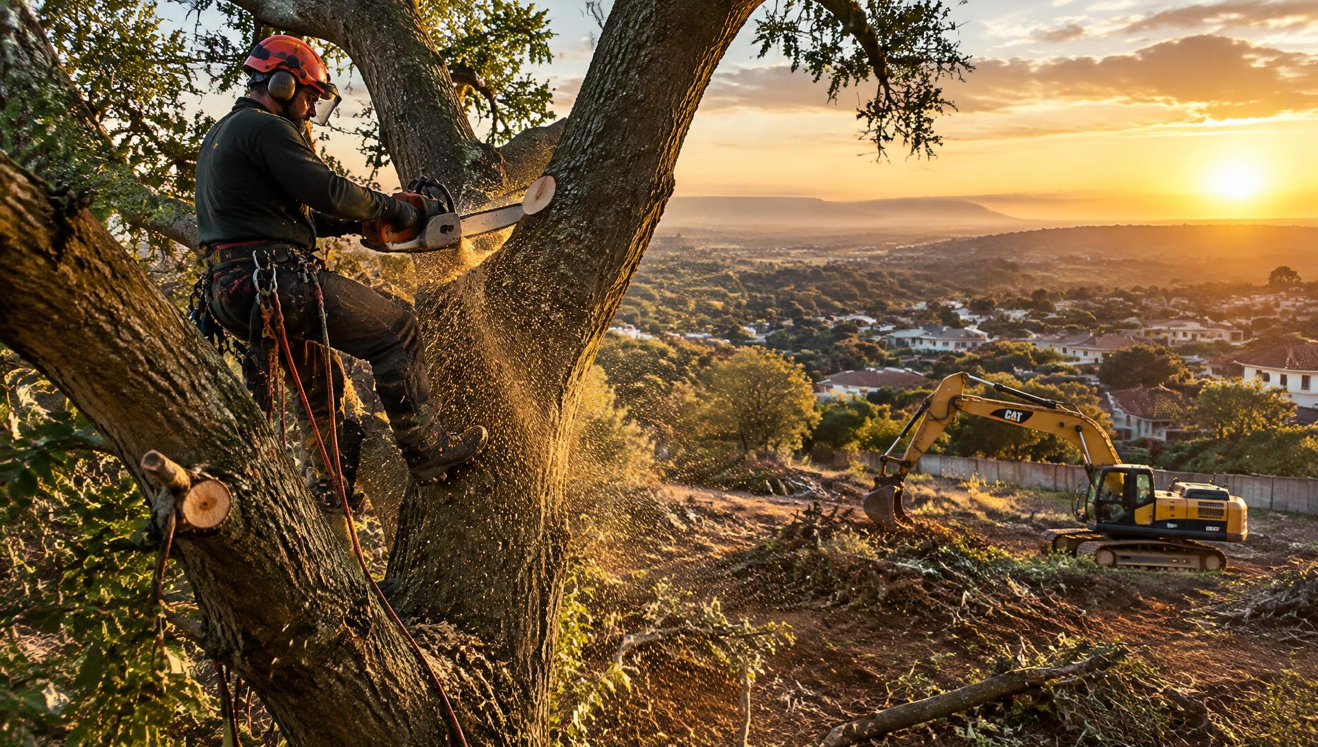 Arborist cutting a tree with a chainsaw while an excavator clears land